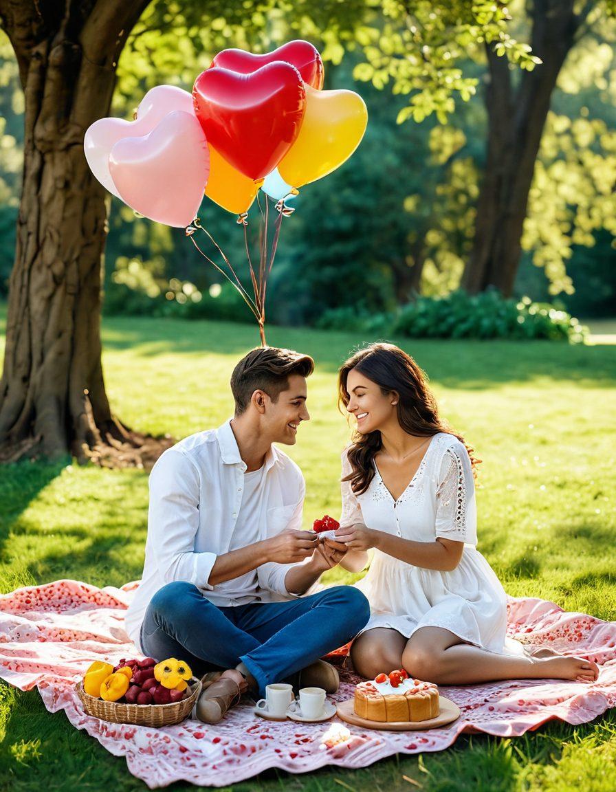 A couple sitting together on a picnic blanket in a sun-drenched park, sharing a sweet moment over a homemade dessert, surrounded by vibrant flowers and gently swaying trees. Soft sunlight filters through the leaves, creating a magical atmosphere, while heart-shaped balloons float nearby. A warm and cozy vibe, symbolizing love and cherished moments. super-realistic. vibrant colors. idyllic setting.