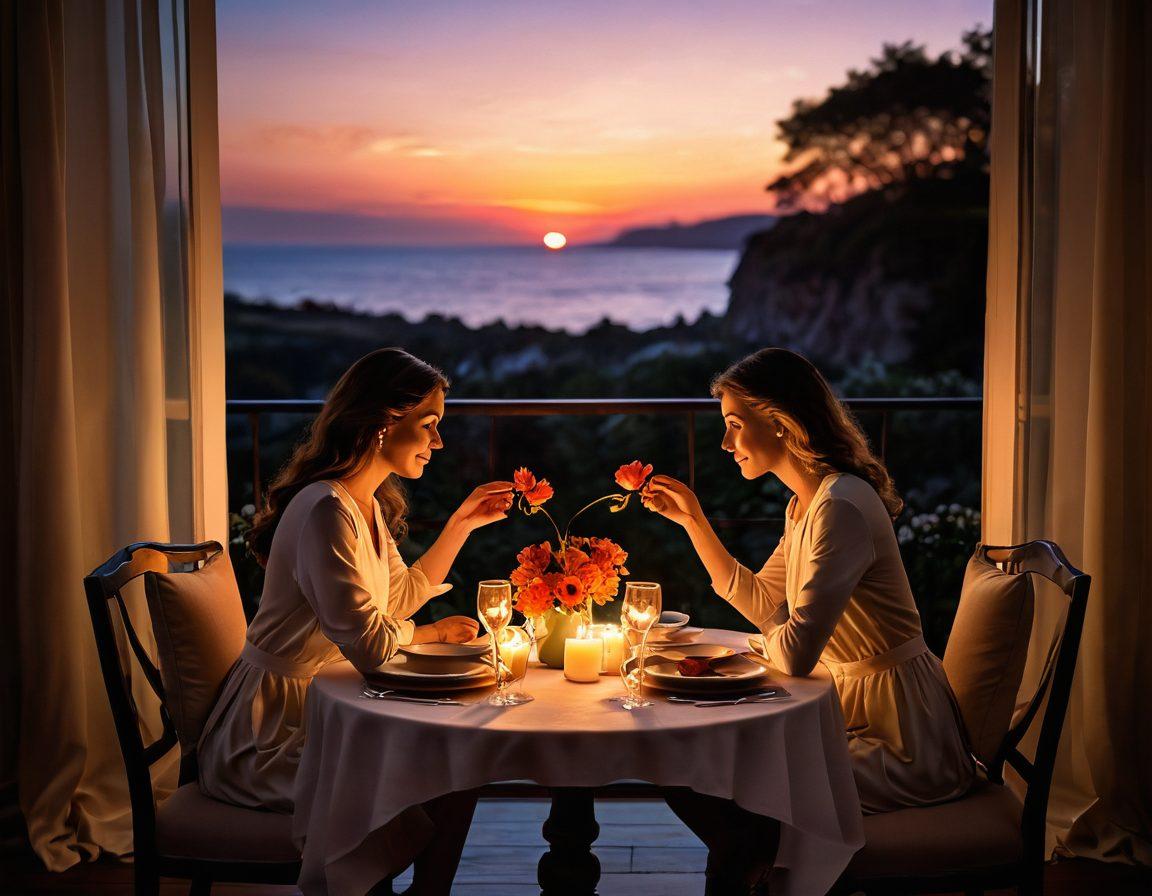 A warm and inviting scene of a cozy candlelit dinner for two, with soft glowing candles, fresh flowers, and heart-shaped decorations, set against a backdrop of a sunset. A couple is seen sharing a loving glance, with an elegant table setting adorned with delicate tableware. The atmosphere is filled with romance and intimacy, complemented by subtle hints of passion in the air. super-realistic. vibrant colors. warm lighting.